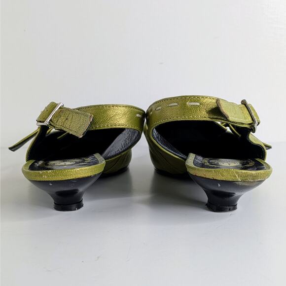 John Fluevog Kitten Heel Slingbacks 10 Green Metallic Leather Statement Shoes - Picture 7 of 16